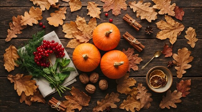 Festive thanksgiving background with pumpkins autumn leaves seasonal decor