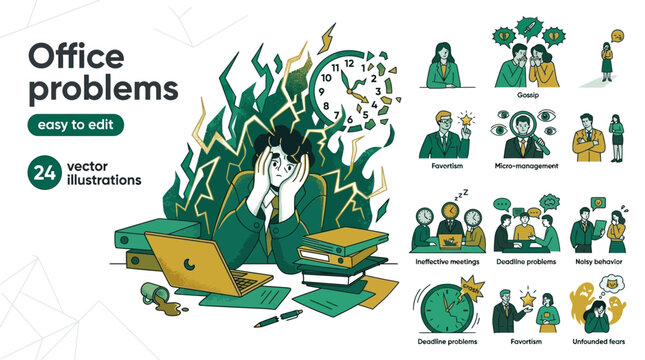 Office problems vector illustrations, set of 24 business characters facing workplace stress, burnout and toxic corporate culture icons