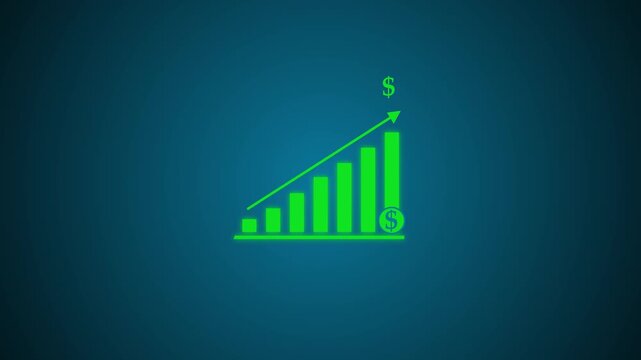Glowing green financial bar chart with upward arrow and dollar sign on a dark blue gradient field