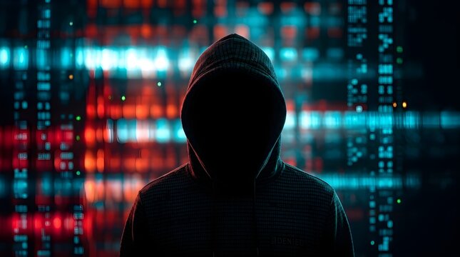 Anonymous hooded hacker silhouette against a background of glowing red and blue digital binary code