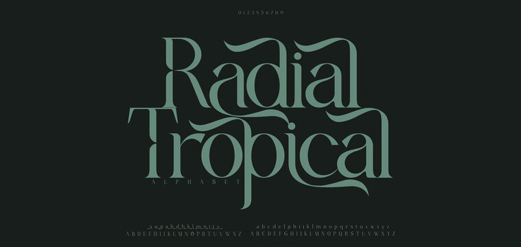 Radial Tropical, Luxury wedding alphabet letters font with tails. Typography elegant classic serif fonts and number