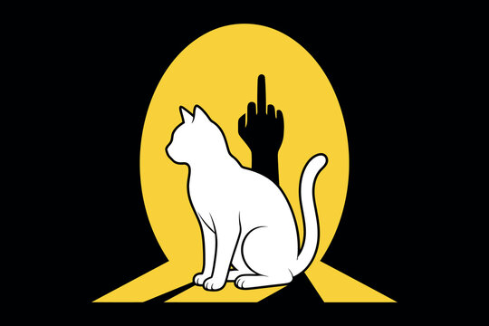 A creative vector illustration of a white cat sitting against a yellow backdrop, casting a shadow shaped like a middle finger gesture.