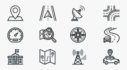 Fototapeta premium Professional Black and White Line Icons Set Featuring Navigation Communication and Location Based Symbols