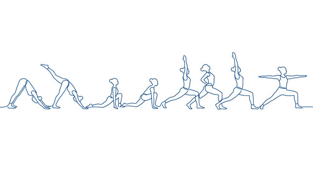 Yoga flow sequence illustrates a series of athletic poses connected by a single flowing stroke against a clean white backdrop.