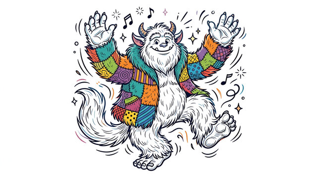 Happy Dancing Monster Wearing Patchwork Fur Coat Vector Illustration