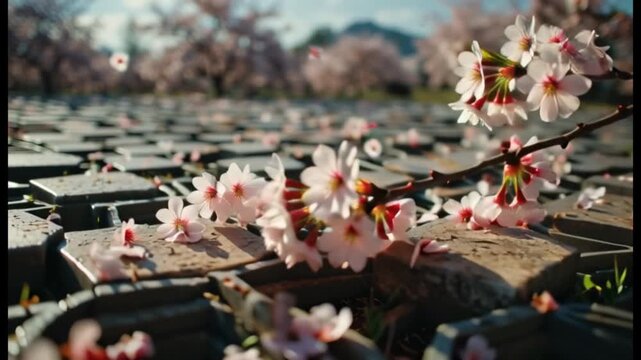 Cherry Blossoms Falling on Stone Pavement in Spring