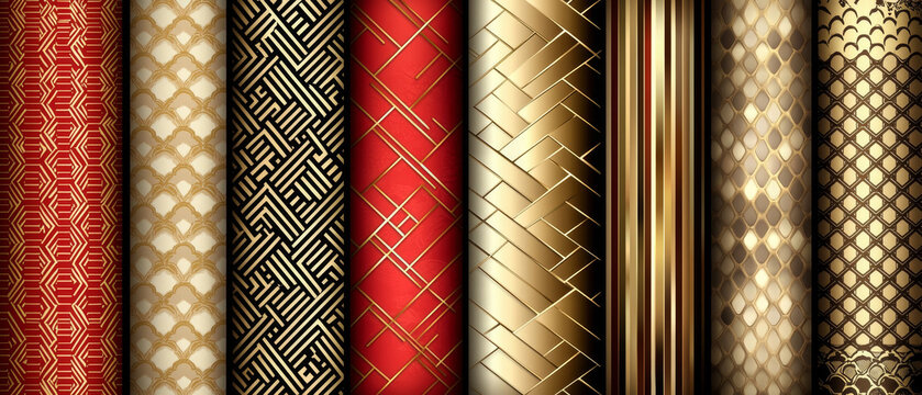 Luxurious patterned panels feature diverse geometric and ornate designs in rich gold, red, black, and cream hues, Art Deco inspired
