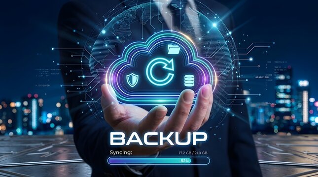 Businessman holding virtual cloud backup icon with progress bar, concept of data security and synchronization