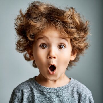 Close-up portrait of a young boy with an exaggerated surprised expression, wide eyes and open mouth, positive shock reaction