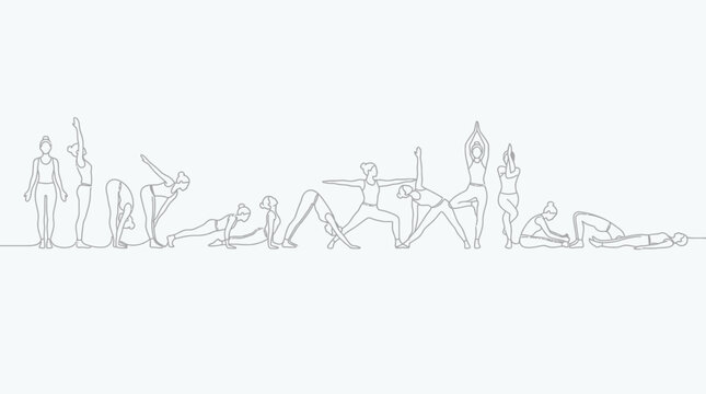 Yoga sequence is shown as a monochrome outline graphic featuring a series of progressive stretching movements.