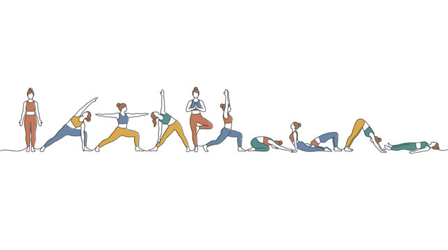 Yoga workout flow displays women performing dynamic stretches in a modern flat illustration style.