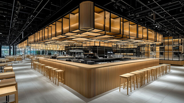 Modern restaurant interior with a large wooden bar, light wood stools, and an illuminated geometric wood ceiling structure