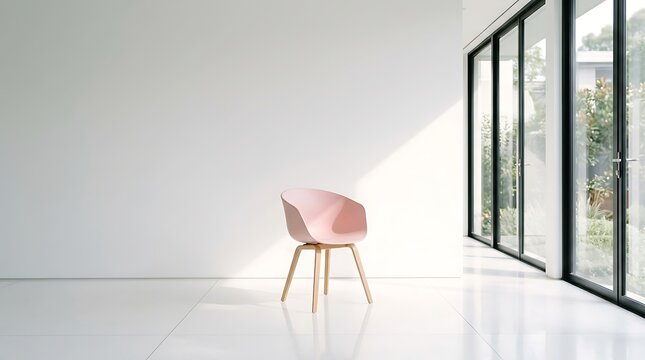 Minimalist pink chair in a bright modern room with large glass windows and white walls