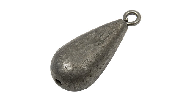 Heavy lead teardrop shaped fishing sinker weight accessory isolated on transparent background