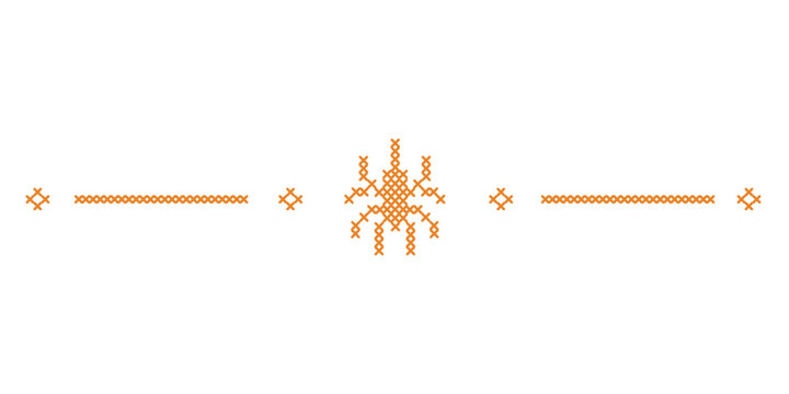 Cross stitch Halloween border, divider and trim layout. Spooky embroidery folk art decoration element. Spider and arachnid ribbon motif for digital crafting and seasonal autumn holiday design.