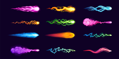 Fototapeta na wymiar Gun blast effects with cartoon flame trails and energy beams for game design. Laser shots, magic lightning bursts and colorful vfx elements. Comic sprites with plasma rays and fantasy power attacks.