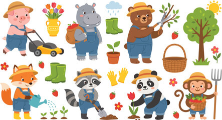 Obraz premium Cute Cartoon Animals Gardening Vector Character Set for Kids Nursery Stickers and Educational Prints