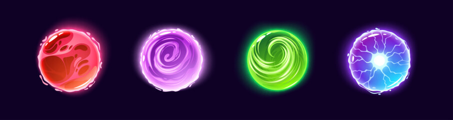 Fototapeta na wymiar Magic energy ball with glowing plasma sphere and crystal light effect. Mystical orb icon with neon purple and green glow, electric lightning sparks. Fantasy game elements on isolated background.