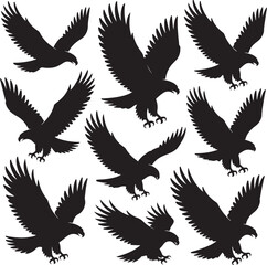 Fototapeta premium Eagle silhouette set with flying predator birds for mascot logo design