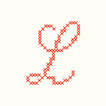 Red cross stitch letter L script typography isolated on white background. A textured cursive embroidery needlework letter for monograms, nursery decor, and handmade textile crafts. Vector illustration