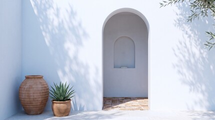 Fototapeta premium Minimalist White Exterior Mockup with Arched Doorway and Terracotta Pots, Mediterranean Facade with Tree Shadows, Sunny Courtyard Concept
