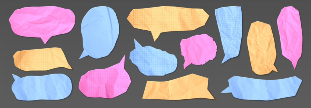 Crumpled paper speech bubbles with torn edges, 3d vector set of illustrations isolated on background. Chat dialogue balloons with notebook texture for retro comic conversations, talk collage design