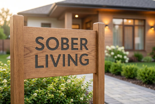 Sober living sign in front of modern house with landscaped garden  