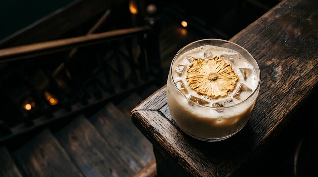 Craft cocktail with ice and dried pineapple wheel garnish sitting on rustic wooden banister in dim moody bar interior
