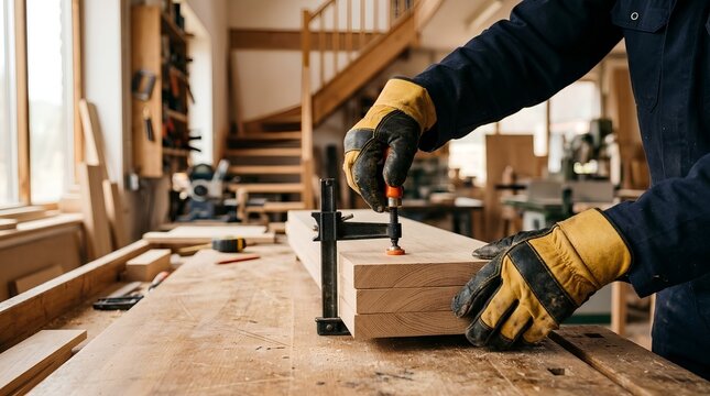 Carpenter in safety gloves tightening metal F-clamp to secure stacked wooden planks on workshop workbench