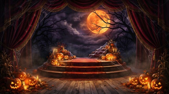 Dramatic thanksgiving background with pumpkins and stage setting for festive events