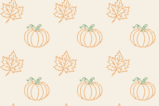Autumn pumpkin and maple leaf cross stitch embroidery seamless pattern banner. Vintage pixelated needlework repeating background vector illustration.