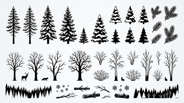 Winter forest silhouette collection, black pine and deciduous tree icons, woodland animals and snow elements, isolated on white background for graphic design