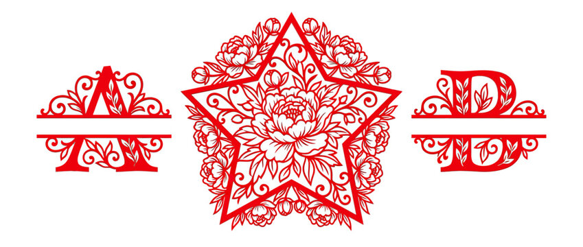 Red Floral Star Monogram Elements