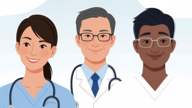 Diverse smiling healthcare team portrait of doctors and nurses in scrubs and lab coats. gentle camera push and subtle head turns showing warm friendly expressions and closeup crop.