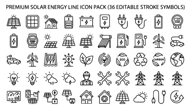Solar Power Photovoltaic Outline Icon Pack Editable Stroke Vector Collection