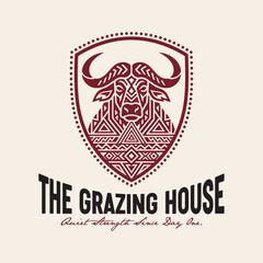 Obraz premium Tribal Buffalo Head Design in Shield Unique Geometric Pattern Art Vector Design Inspiration