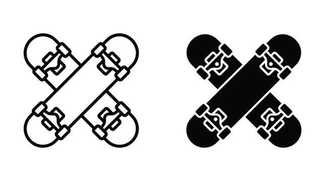 Crossed skateboard deck graphic design icons with skateboard recreation silhouette illustration isolated lifestyle minimalist activity equipment collection