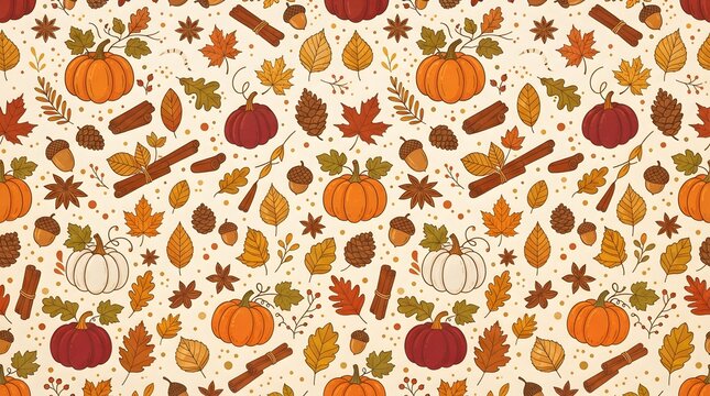 Festive thanksgiving background seamless autumn pattern with pumpkins leaves fall elements
