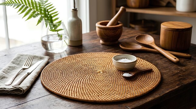 Round woven rattan placemat on rustic wood table with sea salt bowl silver cutlery and wooden kitchen tools