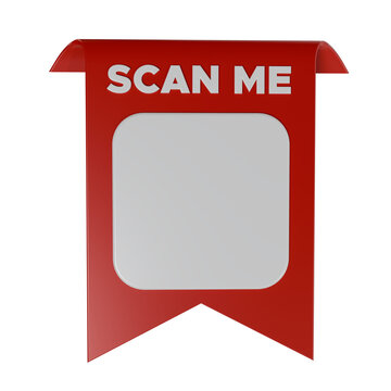 Scan Me QR Code Red Ribbon Tag 3D Render Banner Template for Mobile Marketing