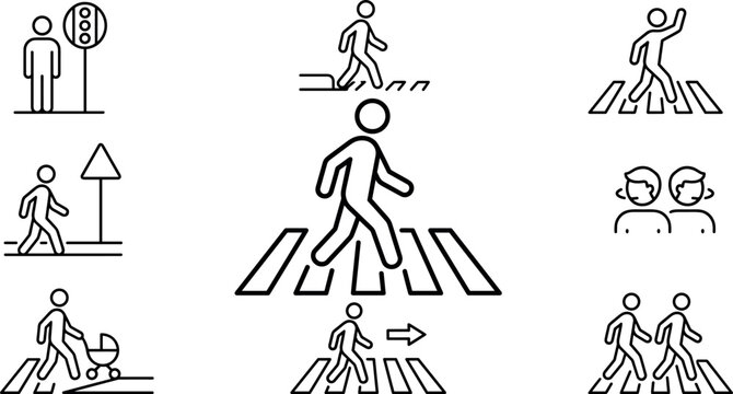 Pedestrian crossing and urban road safety traffic thin line icons set isolated on white background