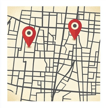 Stylized street map with dark grey roads on a textured beige background, featuring two prominent red location pins