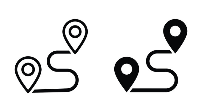 Map pins and path route icon set with location navigation direction destination collection tracking position geography distance transport logistics silhouette