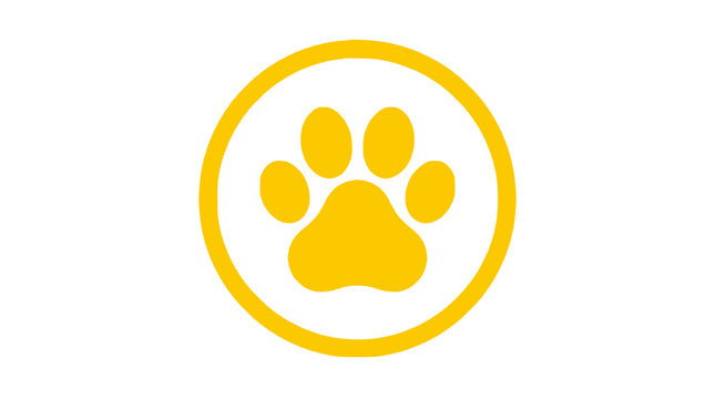 Yellow Paw Print Icon in Circle, Animal Logo Symbol on White Background