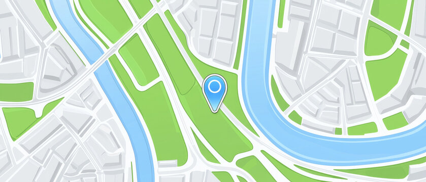 Stylized map of a city showing intricate streets, green parks, a winding blue river, and a prominent blue location pin marker