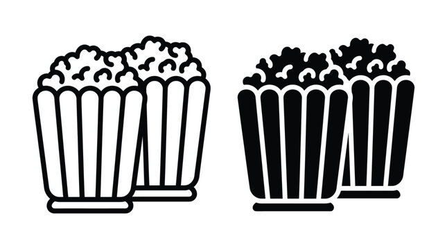 Popcorn buckets snack line art and solid silhouette vector icons set with entertainment illustration concession container watching symbolism isolated interface