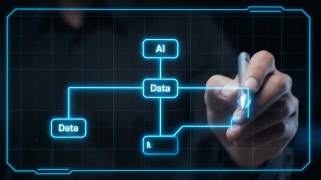 Close-Up of a Hand Using a Stylus to Draw a Complex Innovation Flowchart on a Glass Screen, 4K Video