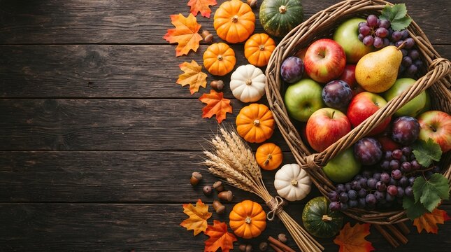 Festive thanksgiving background with harvest fruits and pumpkins on wood