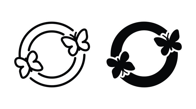 Set of circle frames decorated with butterflies in outline and solid black styles for creative border design butterfly ornament decoration creative silhouette wildlife