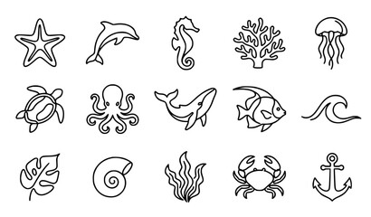 Marine Life One Line Drawing Icons Continuous Ocean Vector Collection © Romjan 